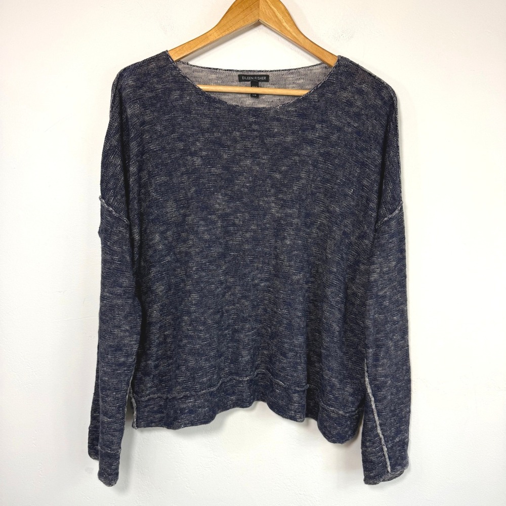 Eileen Fisher Linen Knit Pullover Sweater Blue Gray Marled Lagenlook Coastal‎ L